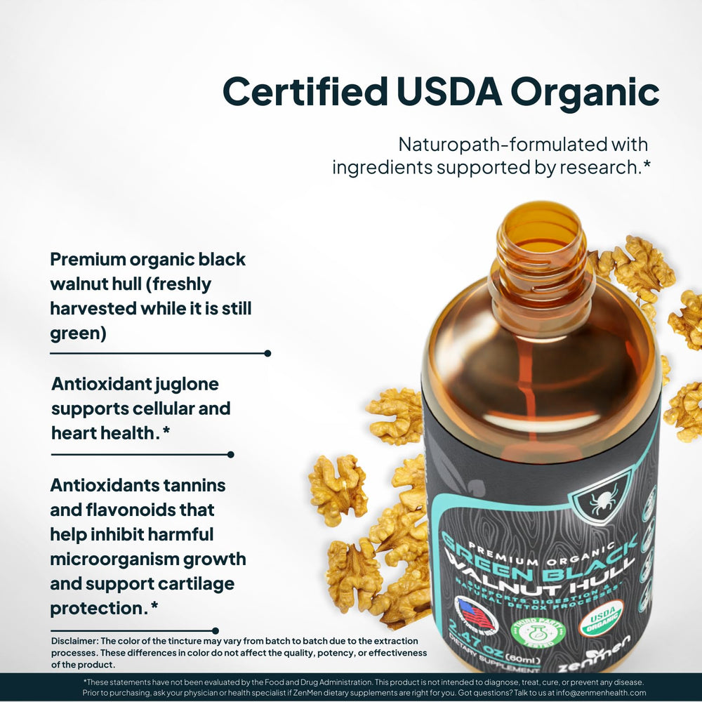 Zenmen organic black walnut hulls close-up showcases the key ingredient in the tincture.