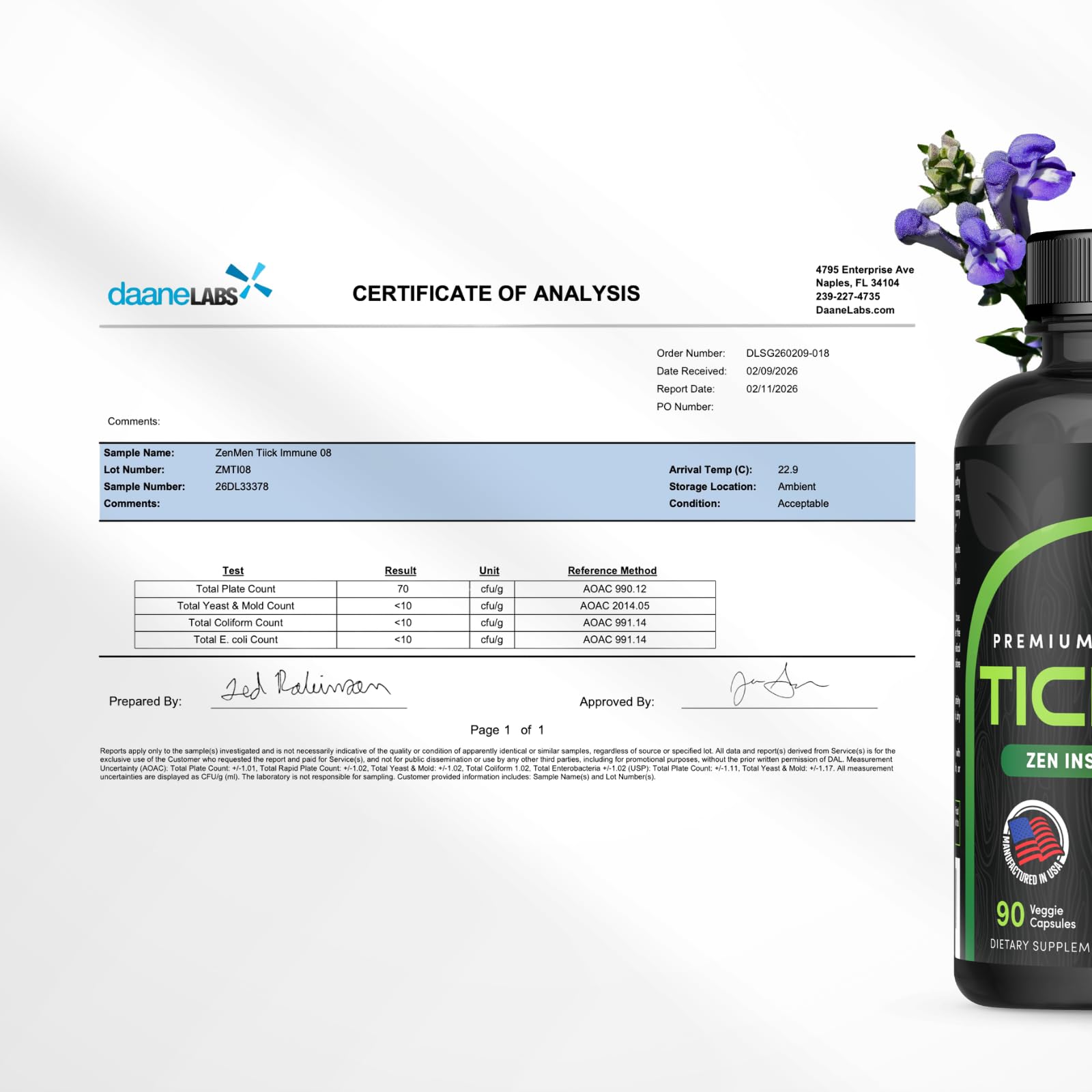 ZenMen Tick Immune daily-use bottle sits beside water glass.