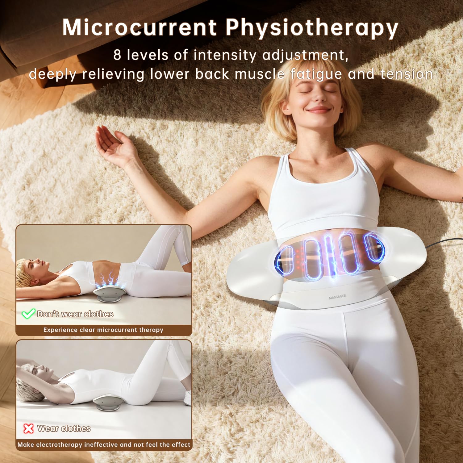 Zenopax electrotherapy with eight levels for deep lumbar muscle engagement.