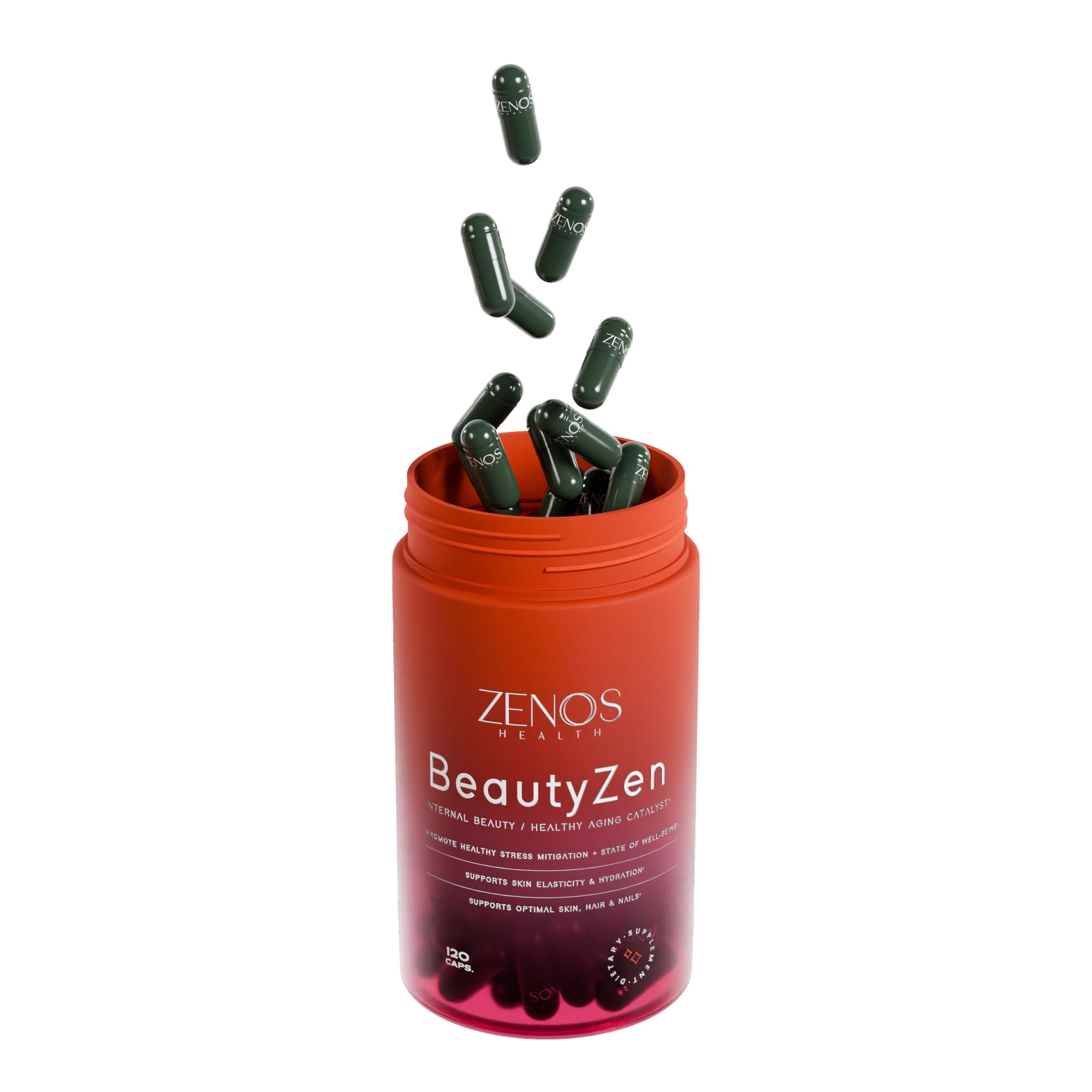 Zenos Health BeautyZen packaging and bottle glow in natural light.
