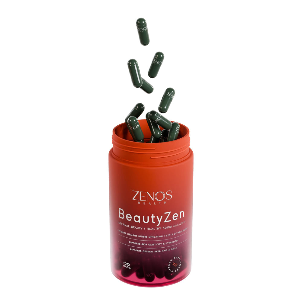 Zenos Health BeautyZen packaging and bottle glow in natural light.
