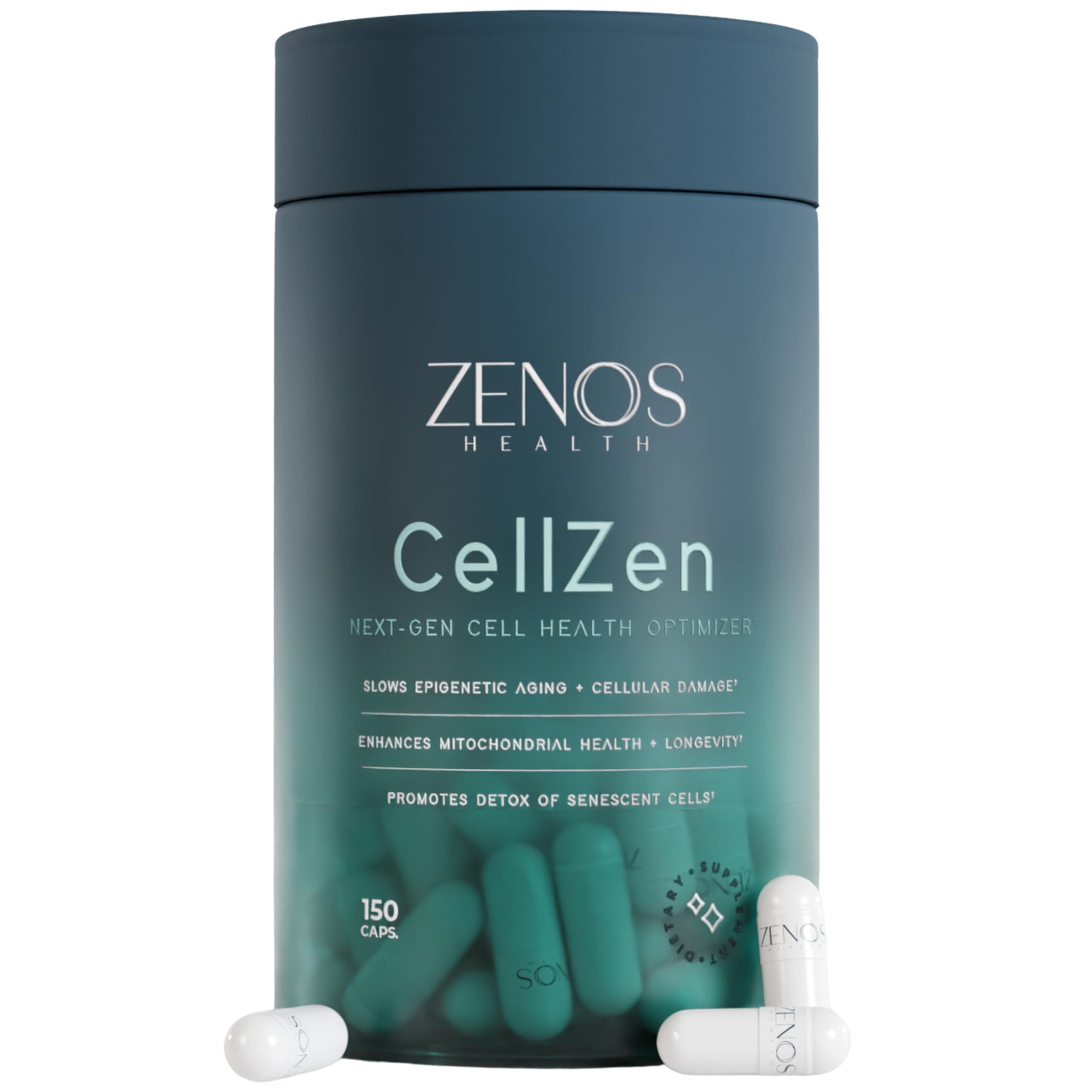 Zenos Health CellZen NAC bottle front, highlighting potent NAC capsules for cellular support.