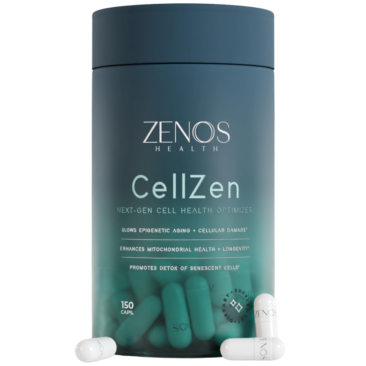 Zenos Health CellZen NAC bottle front, highlighting potent NAC capsules for cellular support.