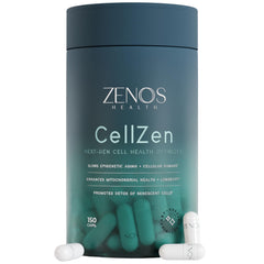 Zenos Health CellZen NAC bottle front, highlighting potent NAC capsules for cellular support.