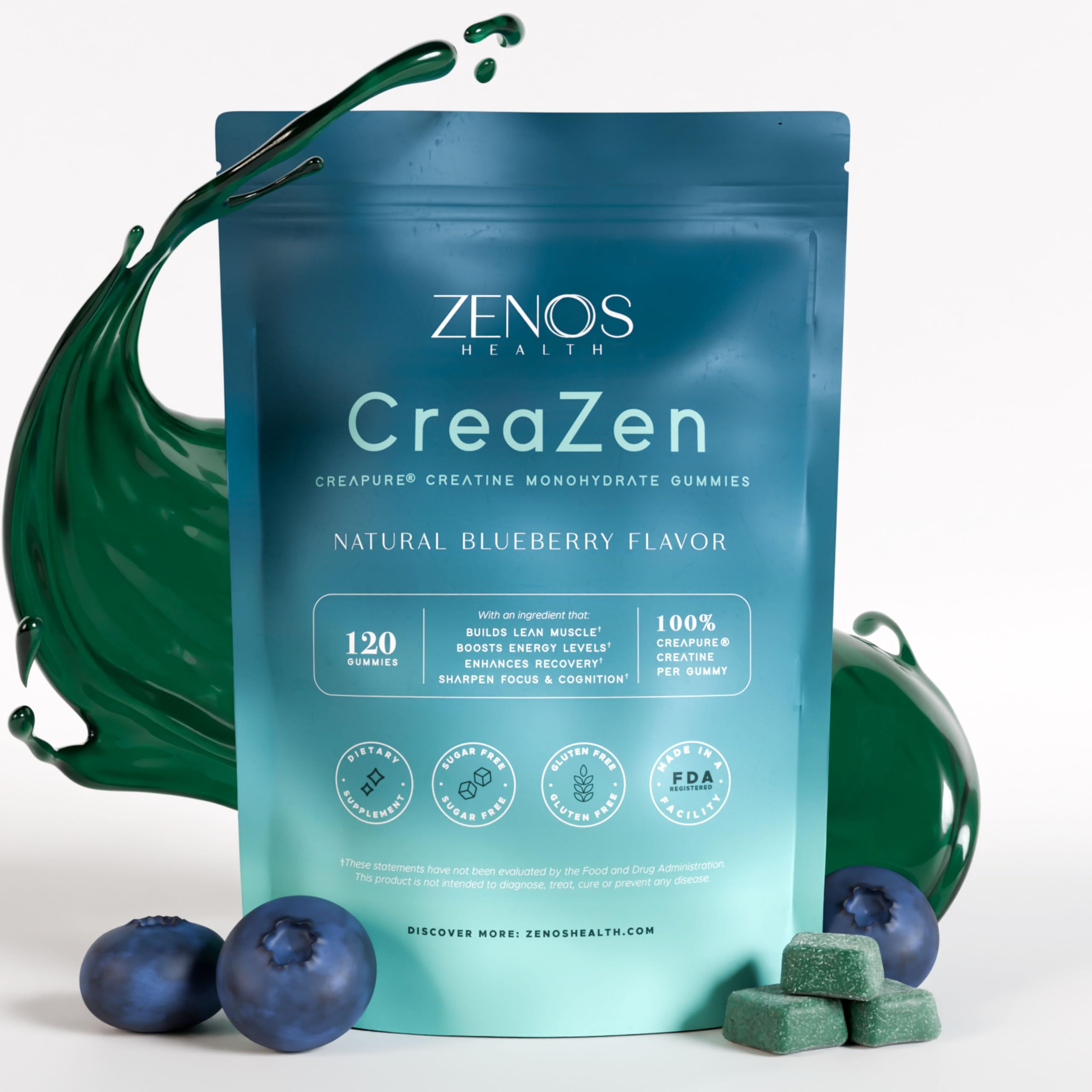 Zenos Health CreaZen gummies in a blue bottle for convenient creatine supplementation anytime.