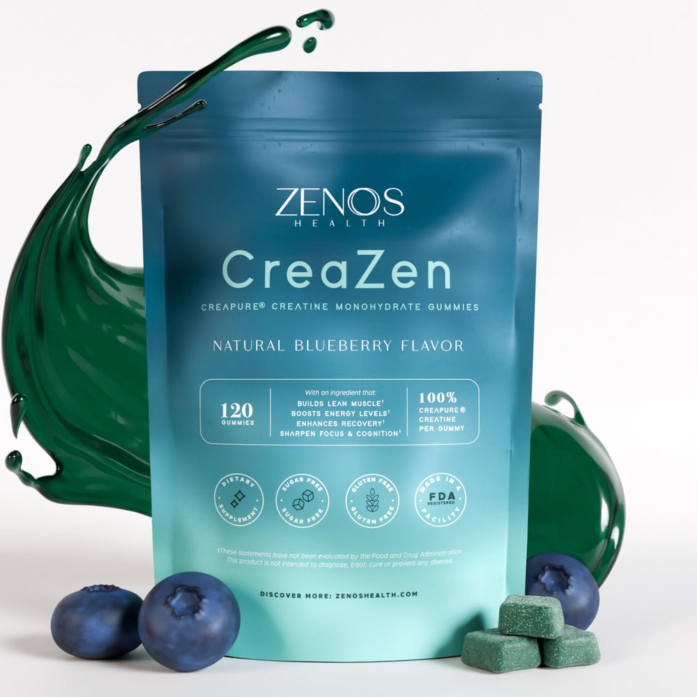 Zenos Health CreaZen gummies in a blue bottle for convenient creatine supplementation anytime.