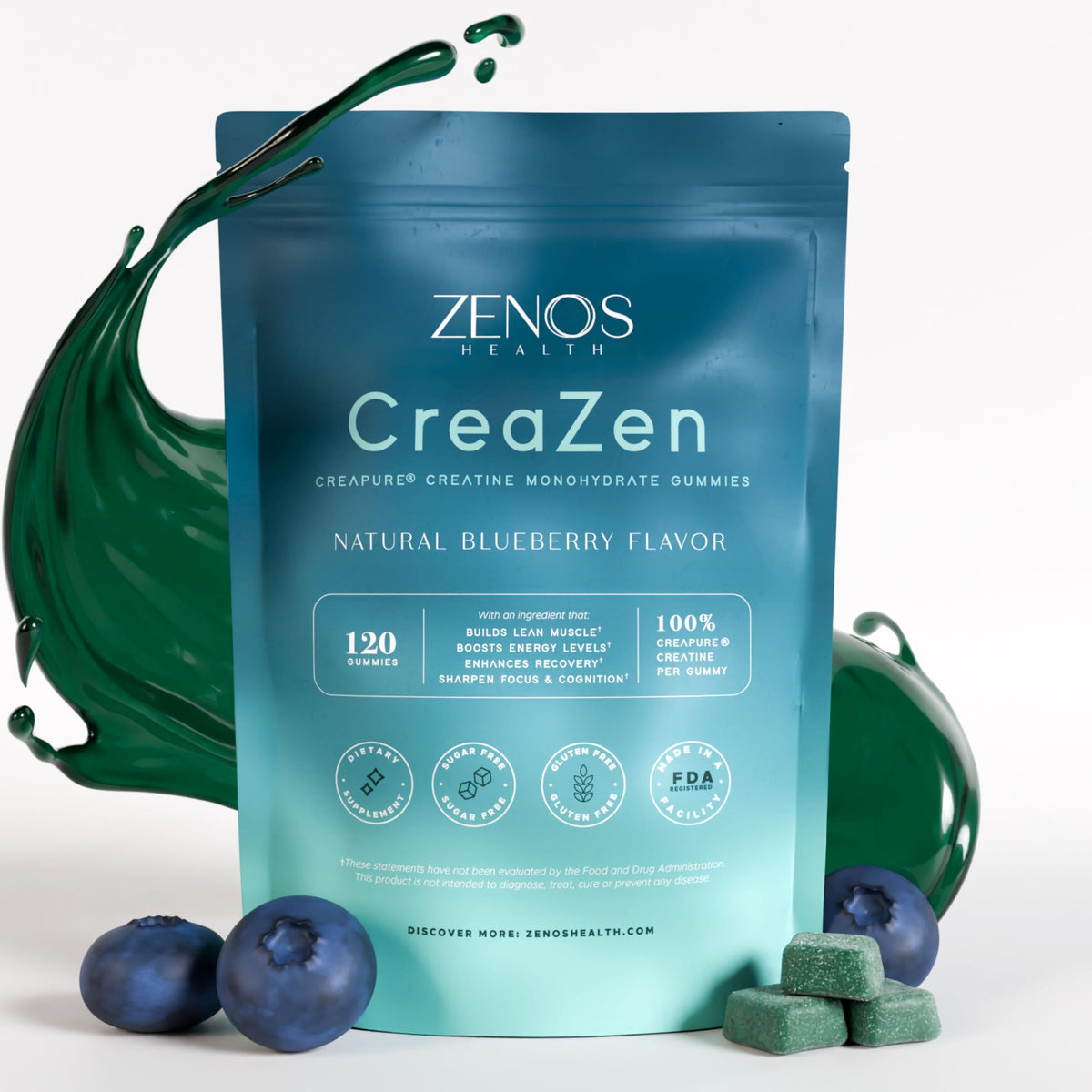 Zenos Health CreaZen gummies in a blue bottle for convenient creatine supplementation anytime.