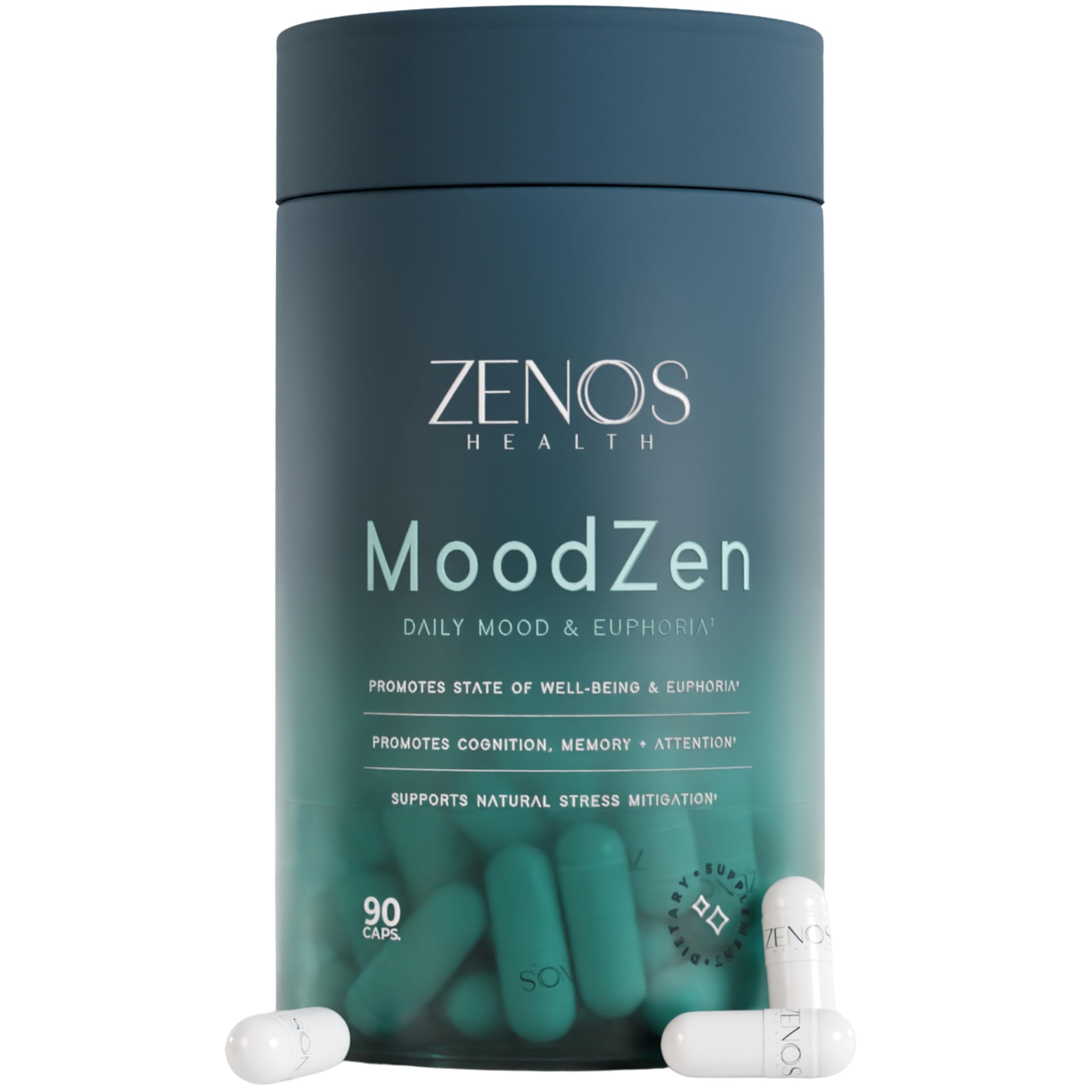 Zenos Health MoodZen bottle-front view signaling calm mood support and focus.
