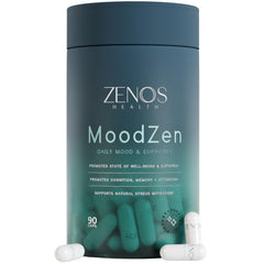 Zenos Health MoodZen bottle-front view signaling calm mood support and focus.
