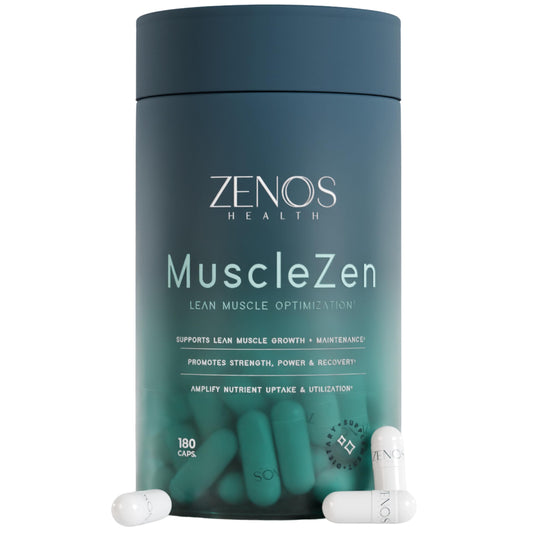 Zenos Health MuscleZen bottle with capsules for lean muscle support.