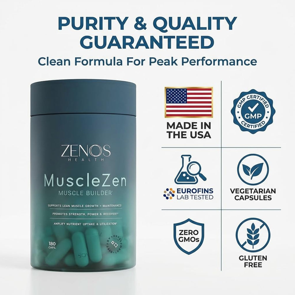MuscleZen label detailing ingredient amounts and purpose for muscle growth support.