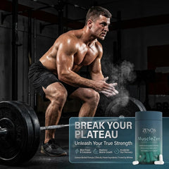 MuscleZen scoop beside bottle for pre- or post-workout use.