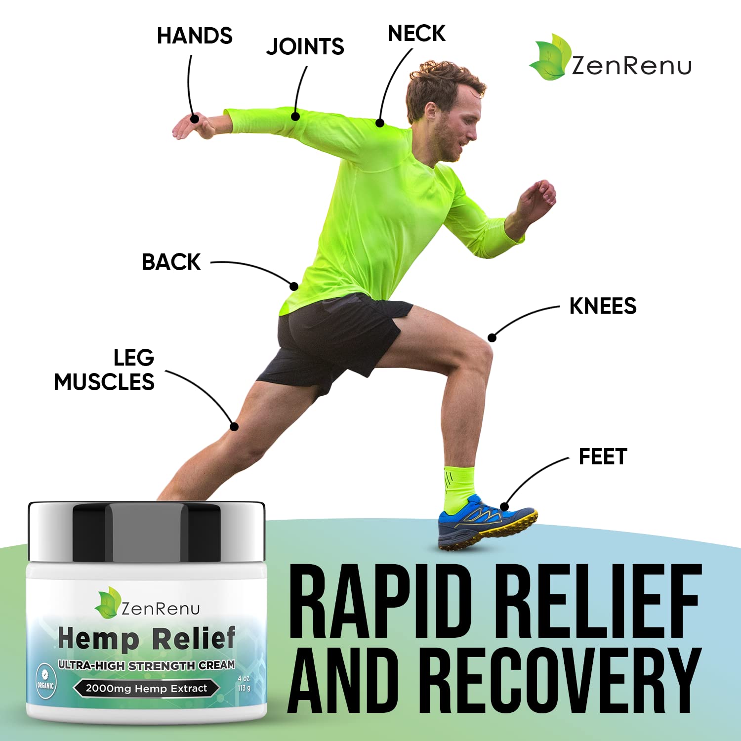 ZenRenu Hemp Cream Maximum Strength jar shown for long-lasting joint relief.