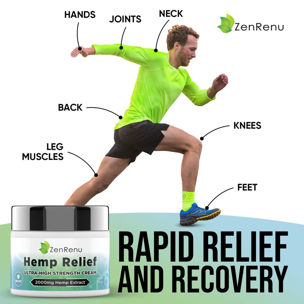 ZenRenu Hemp Cream Maximum Strength jar shown for long-lasting joint relief.