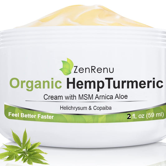 Zenrenu hemp turmeric cream bottle shown for easy application and everyday comfort.