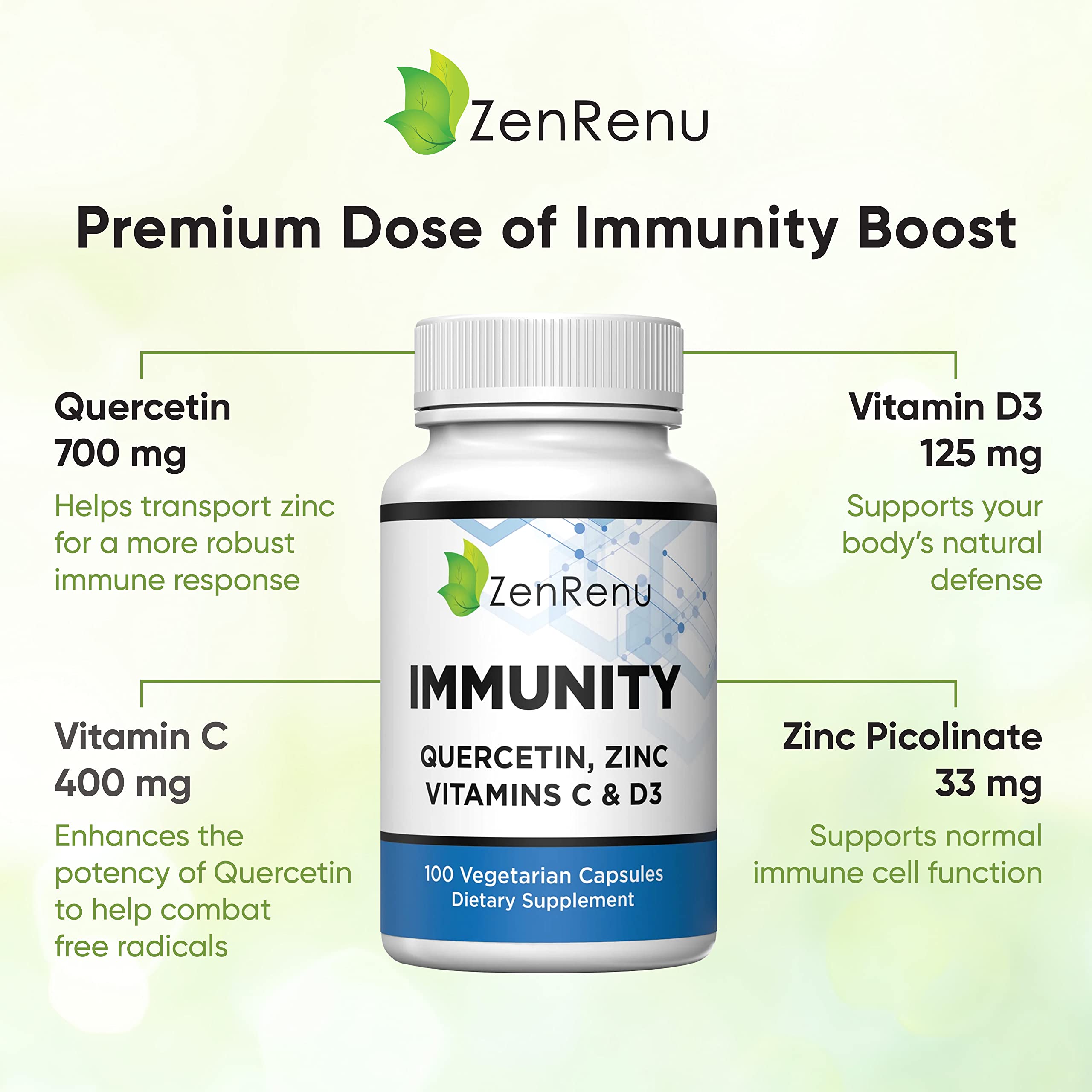 Zenrenu Immunity Quercetin capsules shown for convenient daily use