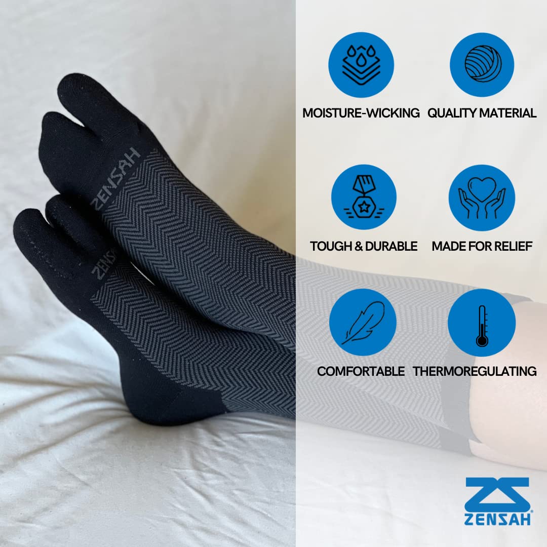 Zensah Bunion Ease Sock two-pack in black and grey for easy rotation.