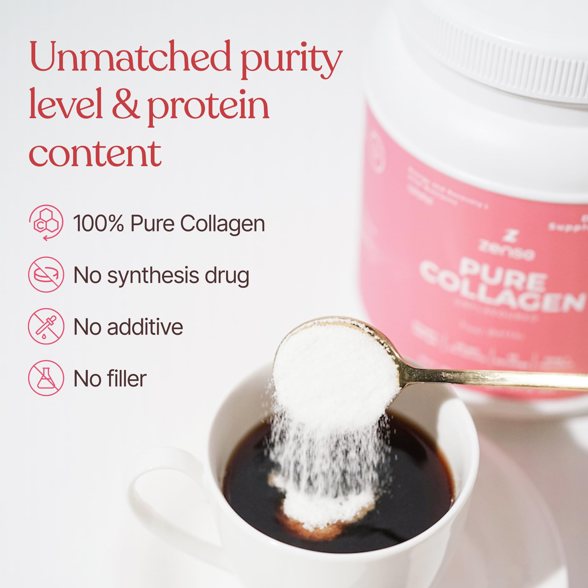 ZENSE collagen powder serving scoop beside jar for convenient daily use.