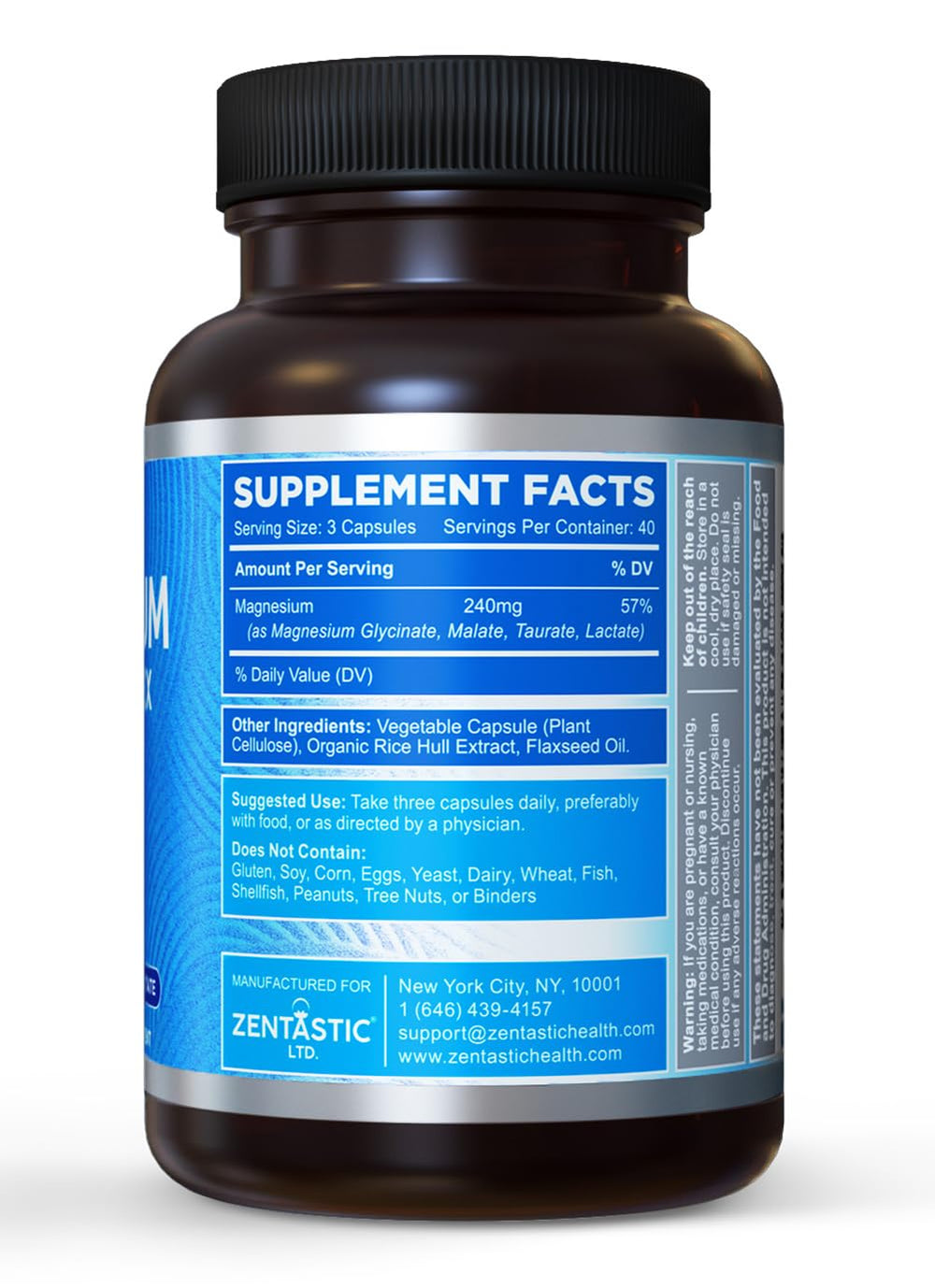 Closeup of Zentastic magnesium capsules emphasizing chelated forms for better absorption.