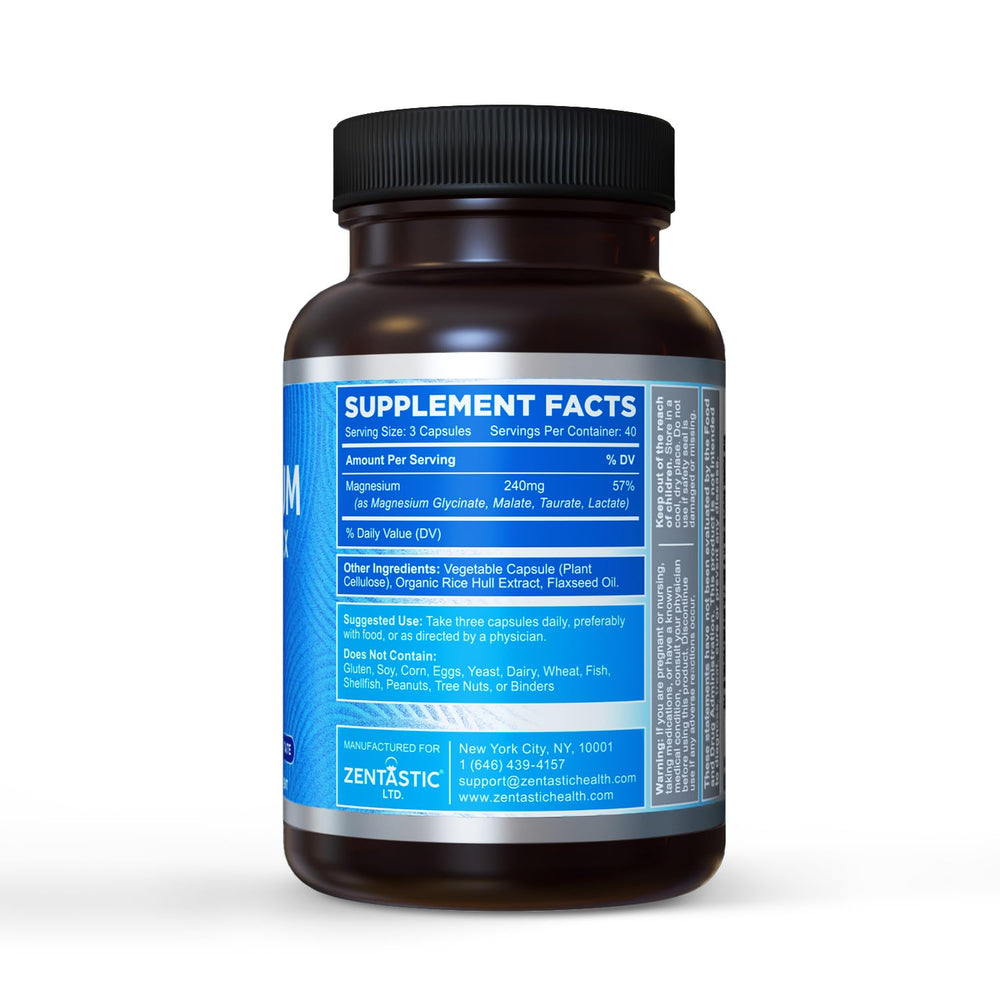 Capsules suggesting muscle, bone, and heart support from Zentastic Magnesium Complex.