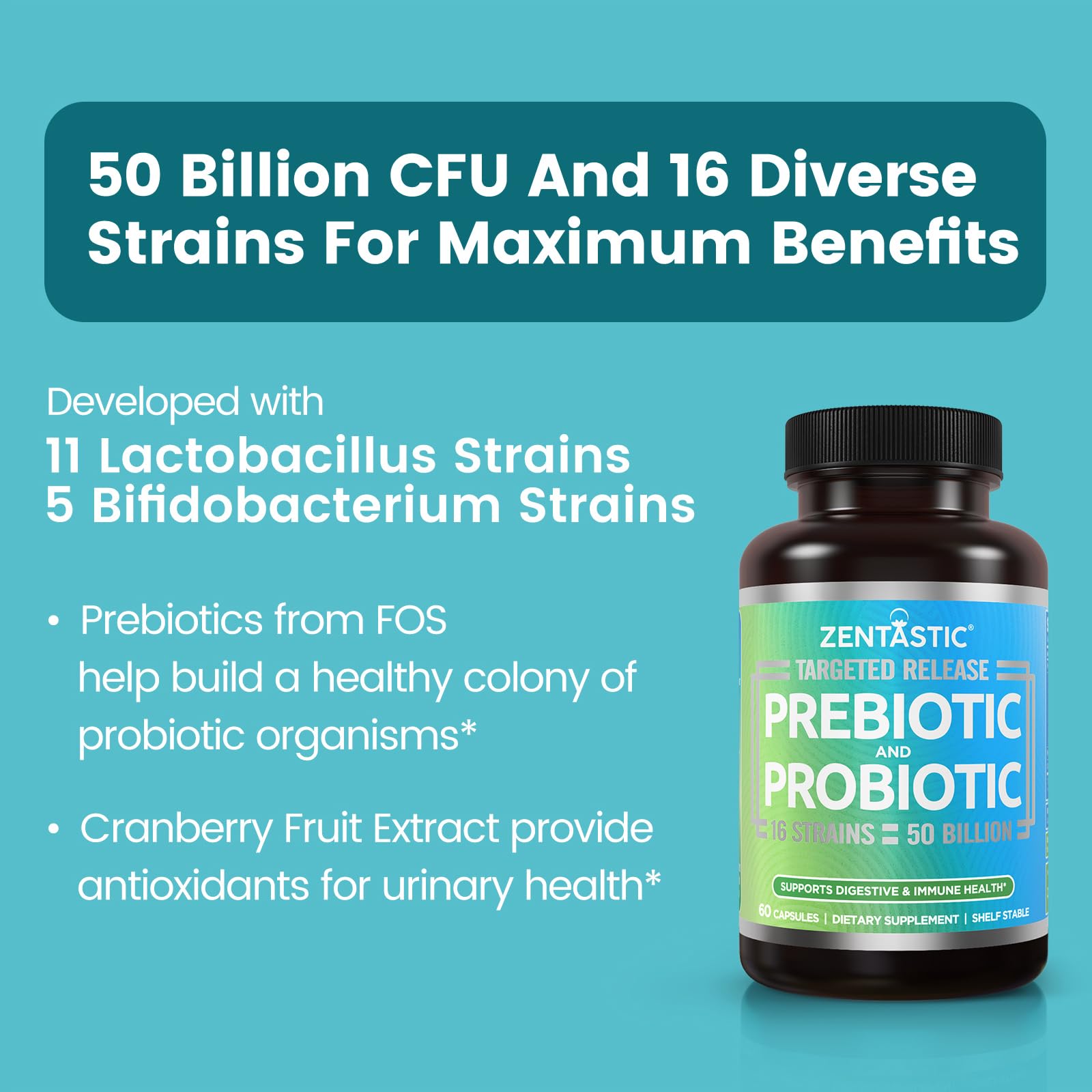 Zentastic Probiotics 16 strains provide broad microbiome support for daily wellness.