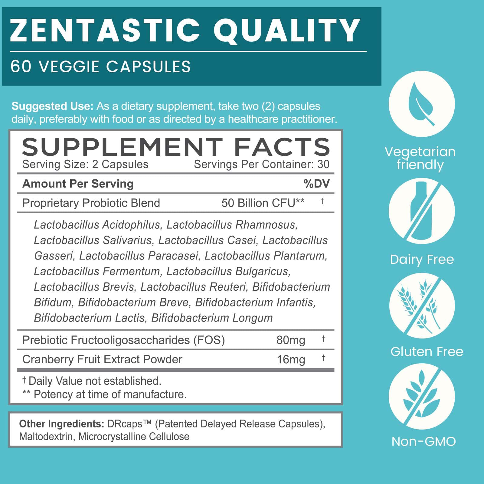 Zentastic Probiotics bottle cap close-up highlighting shelf-stable capsules for on-the-go wellness.