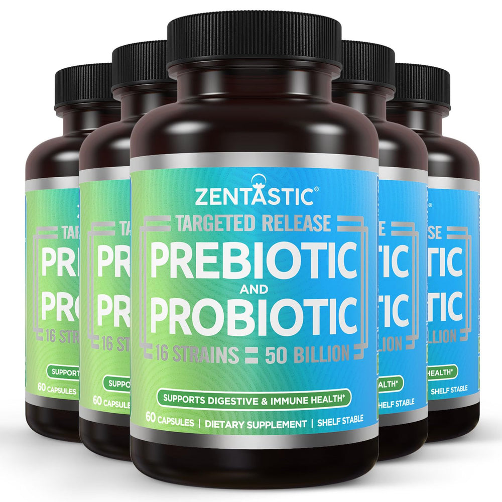 Zentastic Probiotics bottle front showing 50B CFU and 16 strains for gut support.