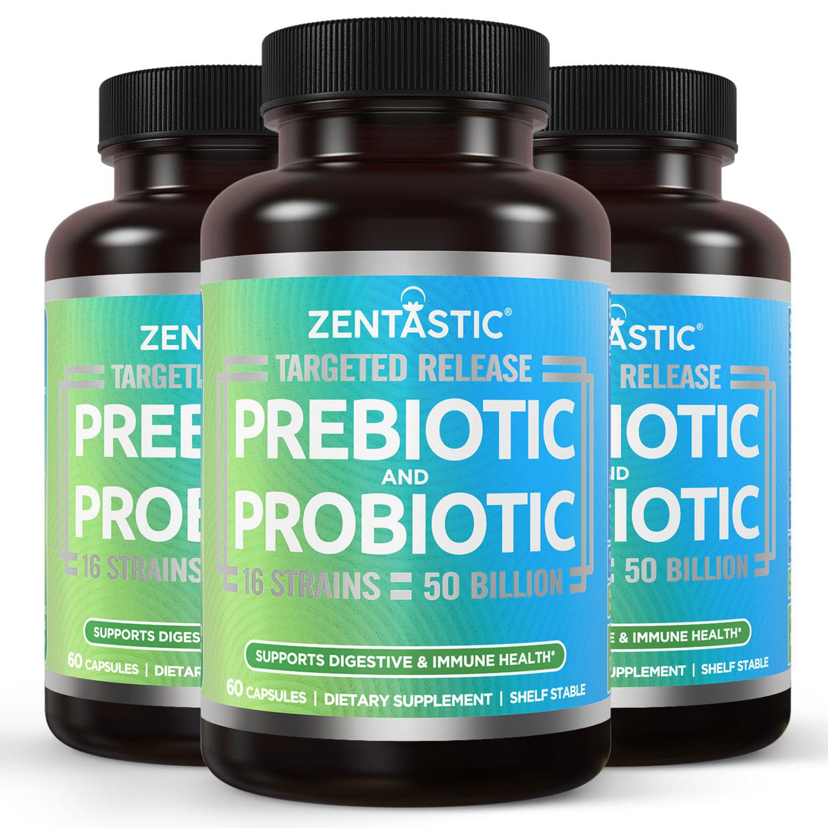 Zentastic Probiotics bottle front showing 50B CFU and 16 strains for digestive support.