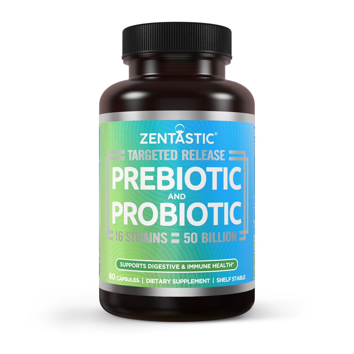 Zentastic Probiotics bottle with delayed-release capsules for targeted gut delivery.