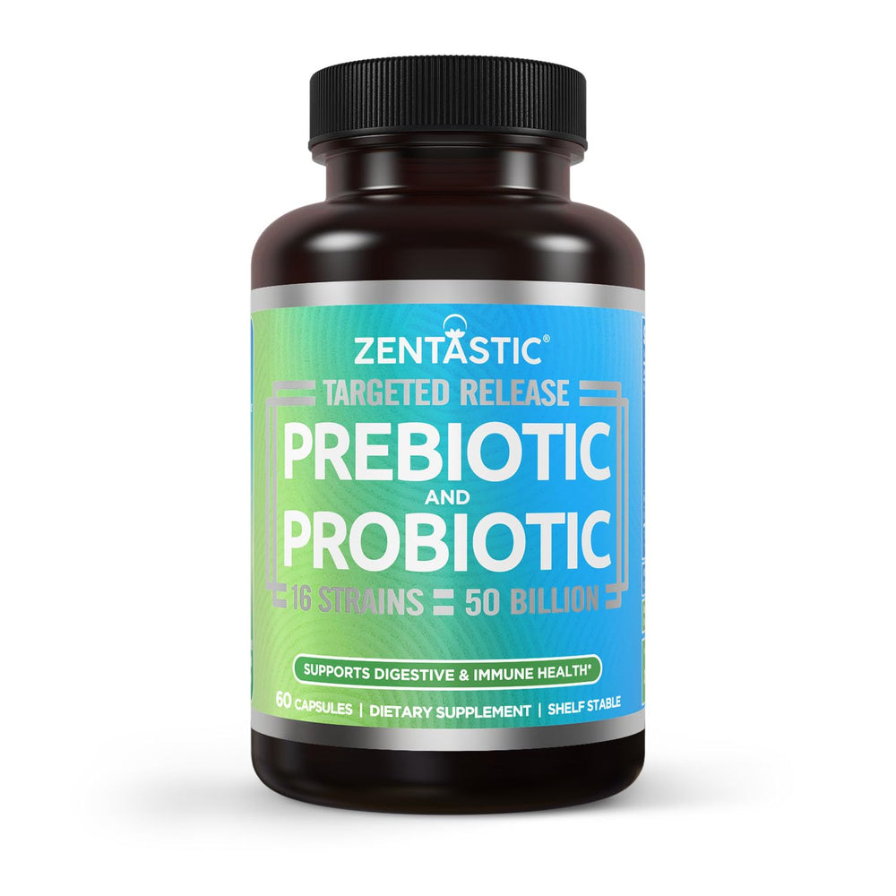 Zentastic Probiotics bottle with delayed-release capsules for targeted gut delivery.