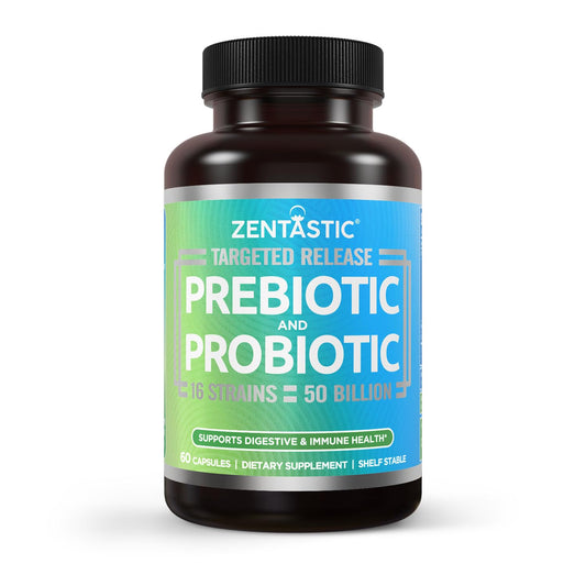 Zentastic Probiotics bottle with delayed-release capsules for targeted gut delivery.