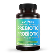 Zentastic Probiotics bottle with delayed-release capsules for targeted gut delivery.
