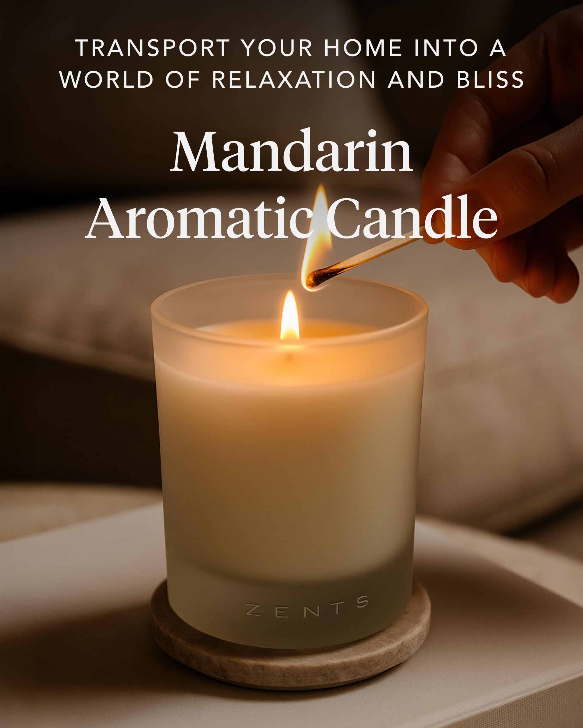 Zents Mandarin Ginger Vanilla candle glow highlights frosted jar design.