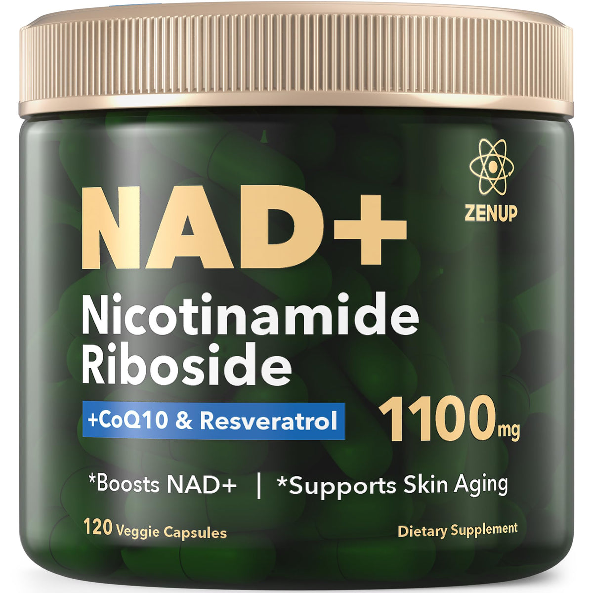 ZenUP NAD+ supplement bottle front highlighting liposomal NR for daily energy.