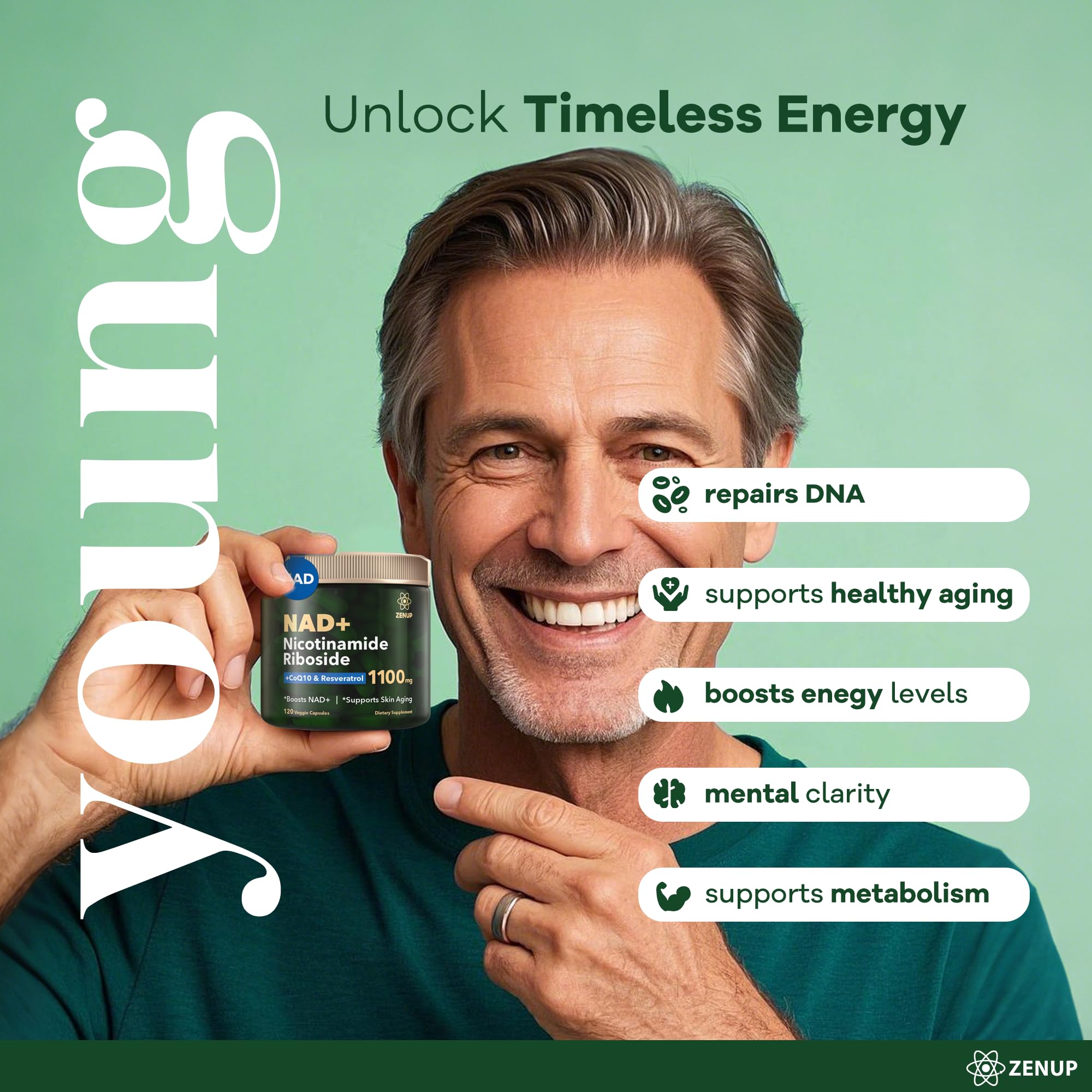 ZenUP NAD+ pill details highlighting liposomal technology benefits.