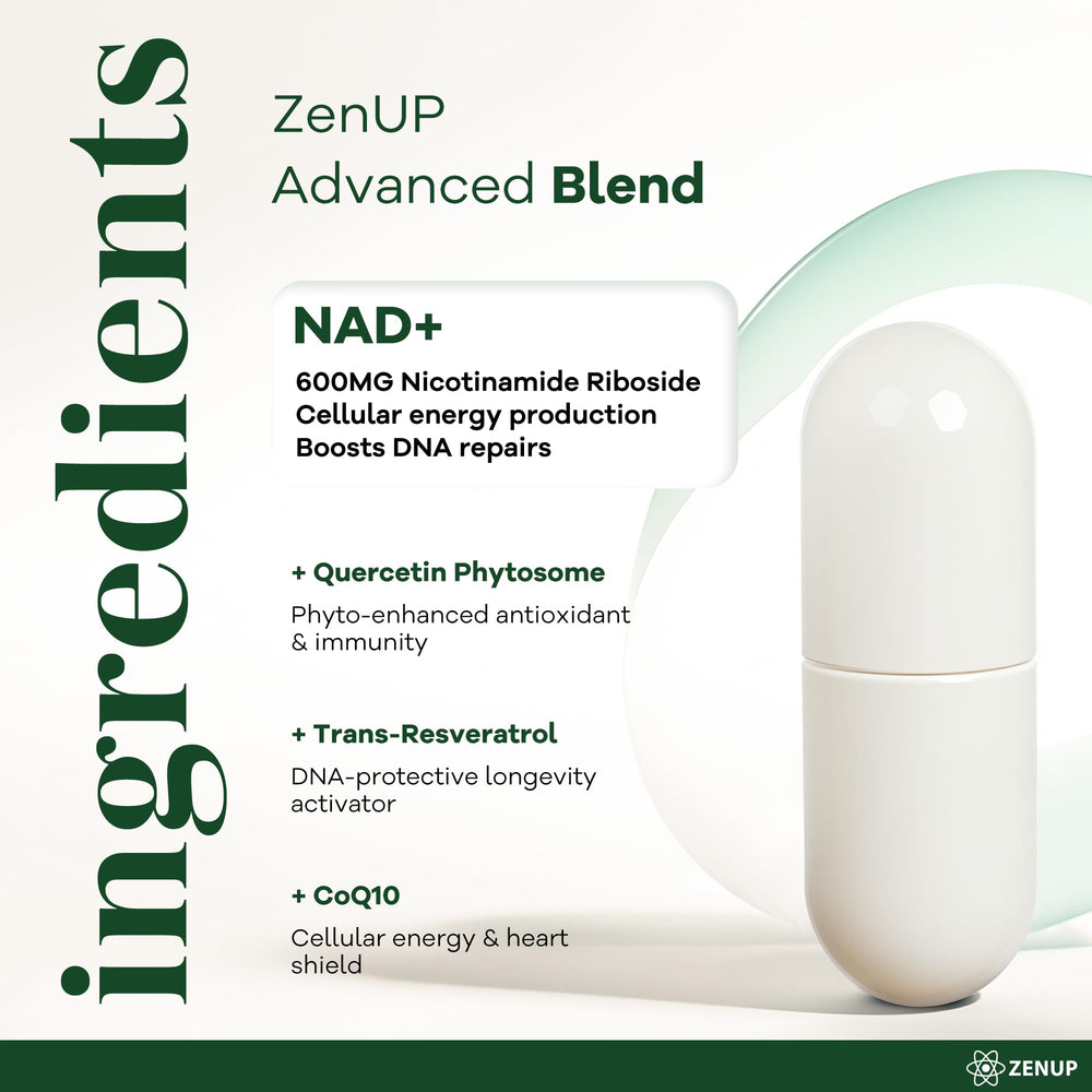 ZenUP NAD+ with glow-focused bottle suggesting skin vitality.
