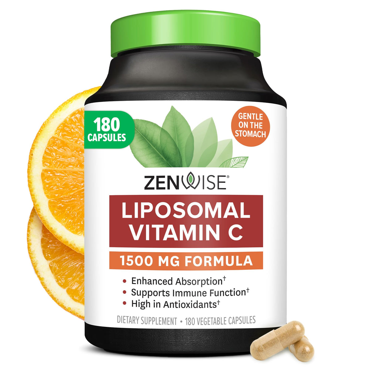 Zenwise Health liposomal vitamin C bottle for immune support on a clean kitchen counter