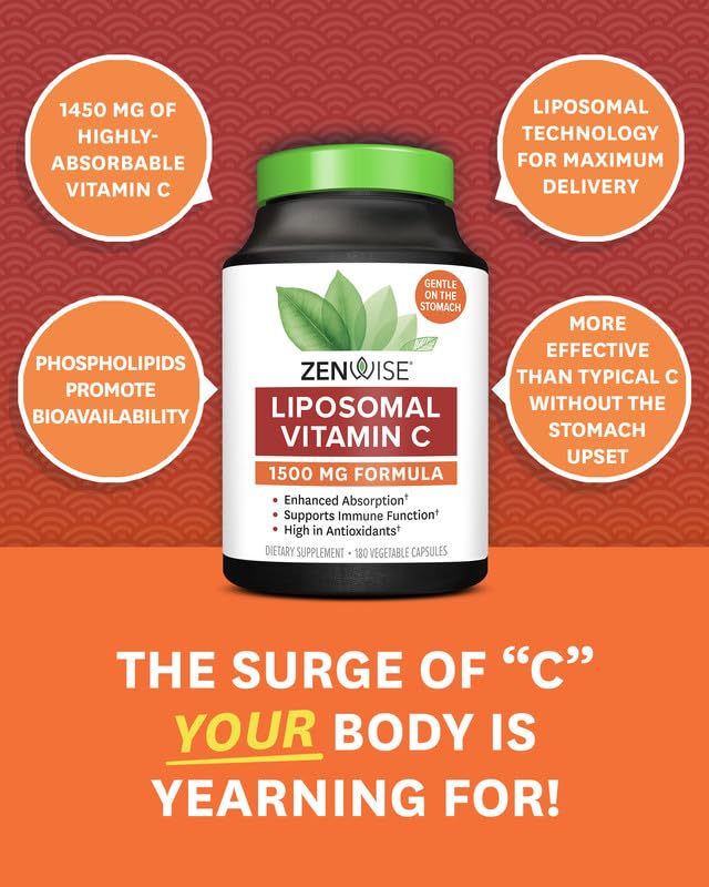 Zenwise Health liposomal vitamin C label highlighting 1500 mg potency and non GMO formula