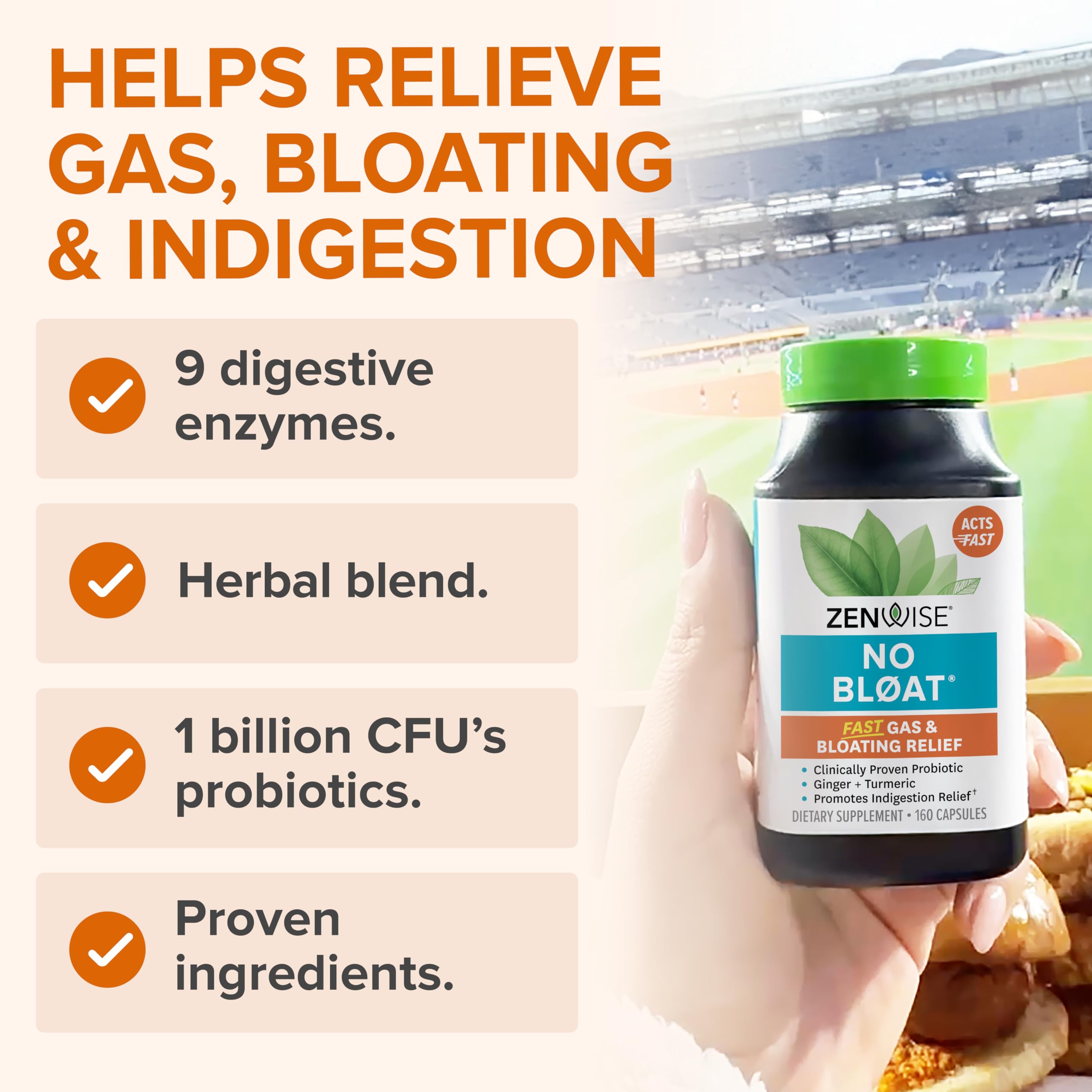 Zenwise No Bloat bottle features ginger-turmeric-dandelion for digestive support