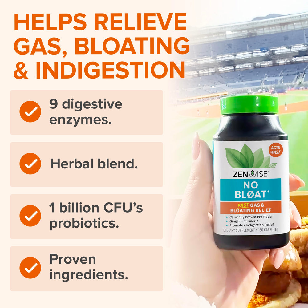 Zenwise No Bloat bottle features ginger-turmeric-dandelion for digestive support