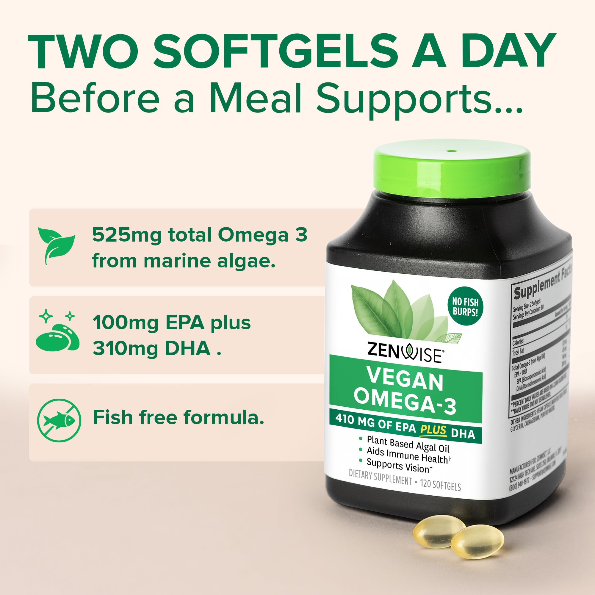 Zenwise algae-sourced omega-3 ingredients emphasize plant-based EPA DHA DPA profile.