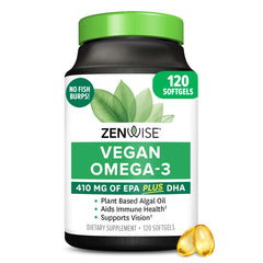 Zenwise Health vegan omega-3 bottle highlights algae-based formula for daily wellness.