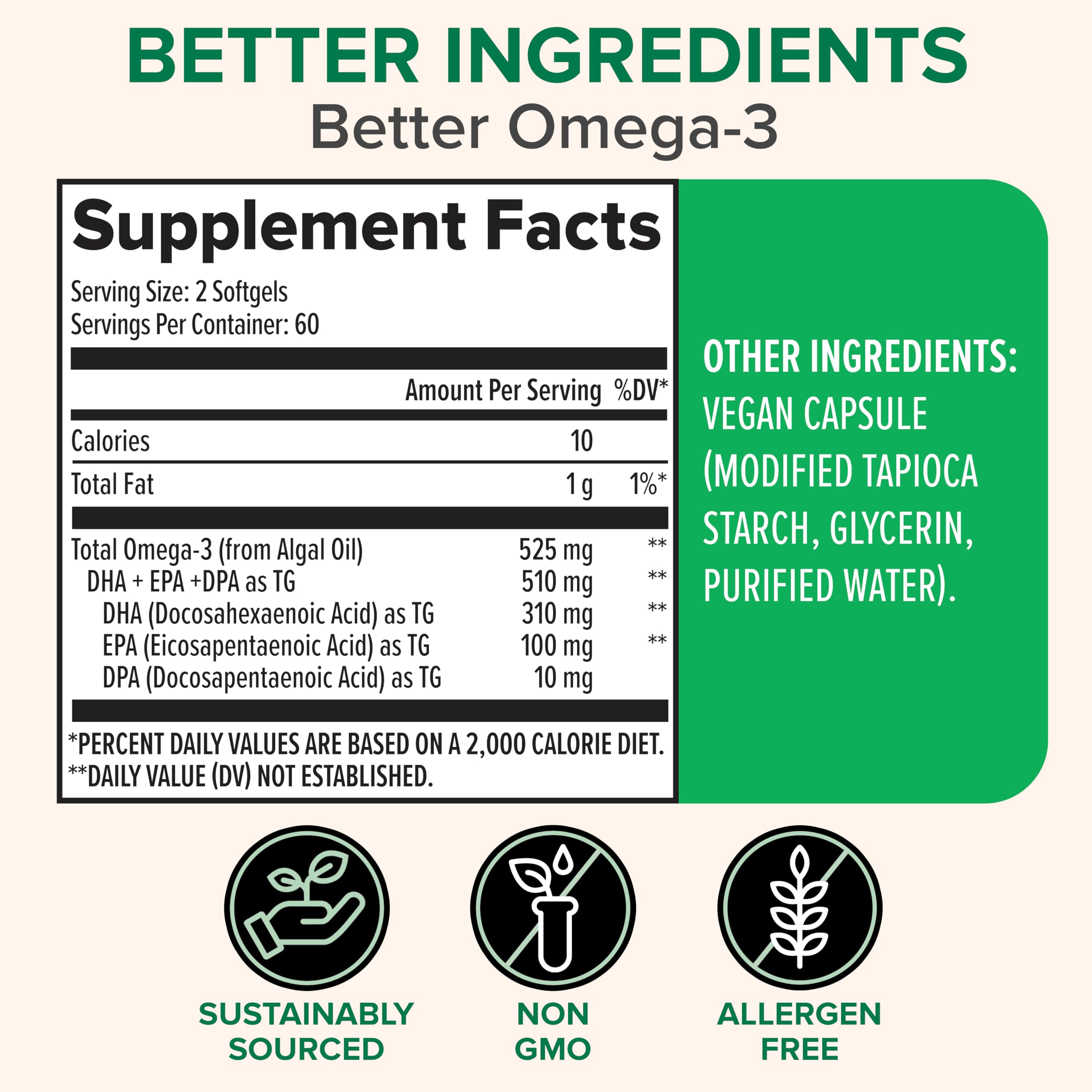 Zenwise vegan omega-3 softgels close-up shows burpless, fish-free consumption.