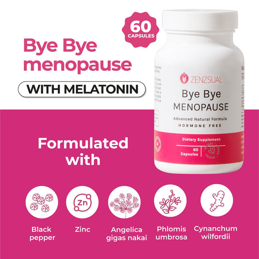 ZENZSUAL Bye Bye Menopause melatonin bottle pour for daily use and restful nights