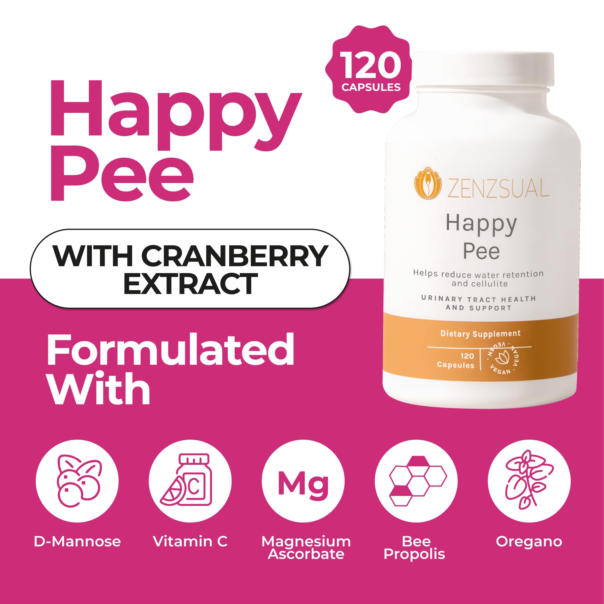 ZENZSUAL Happy Pee bottle side view with capsules indicating dual-action urinary wellness support