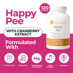 ZENZSUAL Happy Pee bottle side view with capsules indicating dual-action urinary wellness support