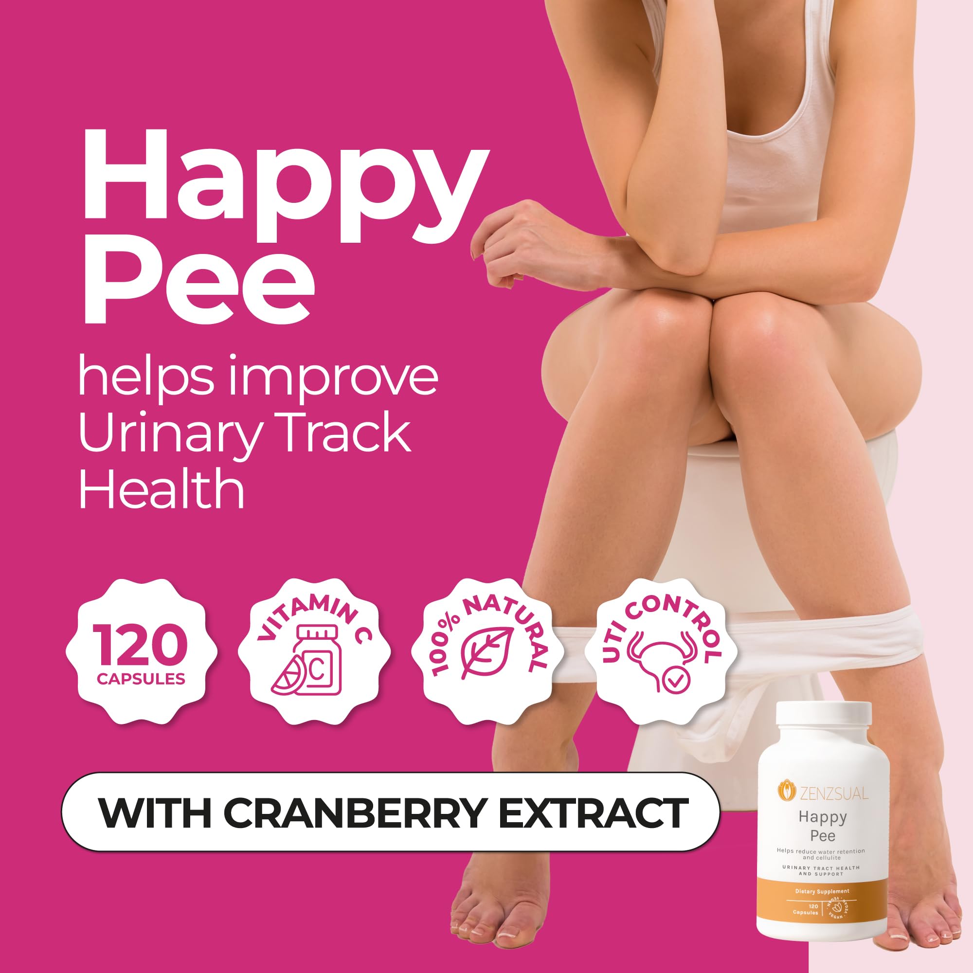 ZENZSUAL Happy Pee capsules close-up emphasizing D-Mannose and cranberry ingredients