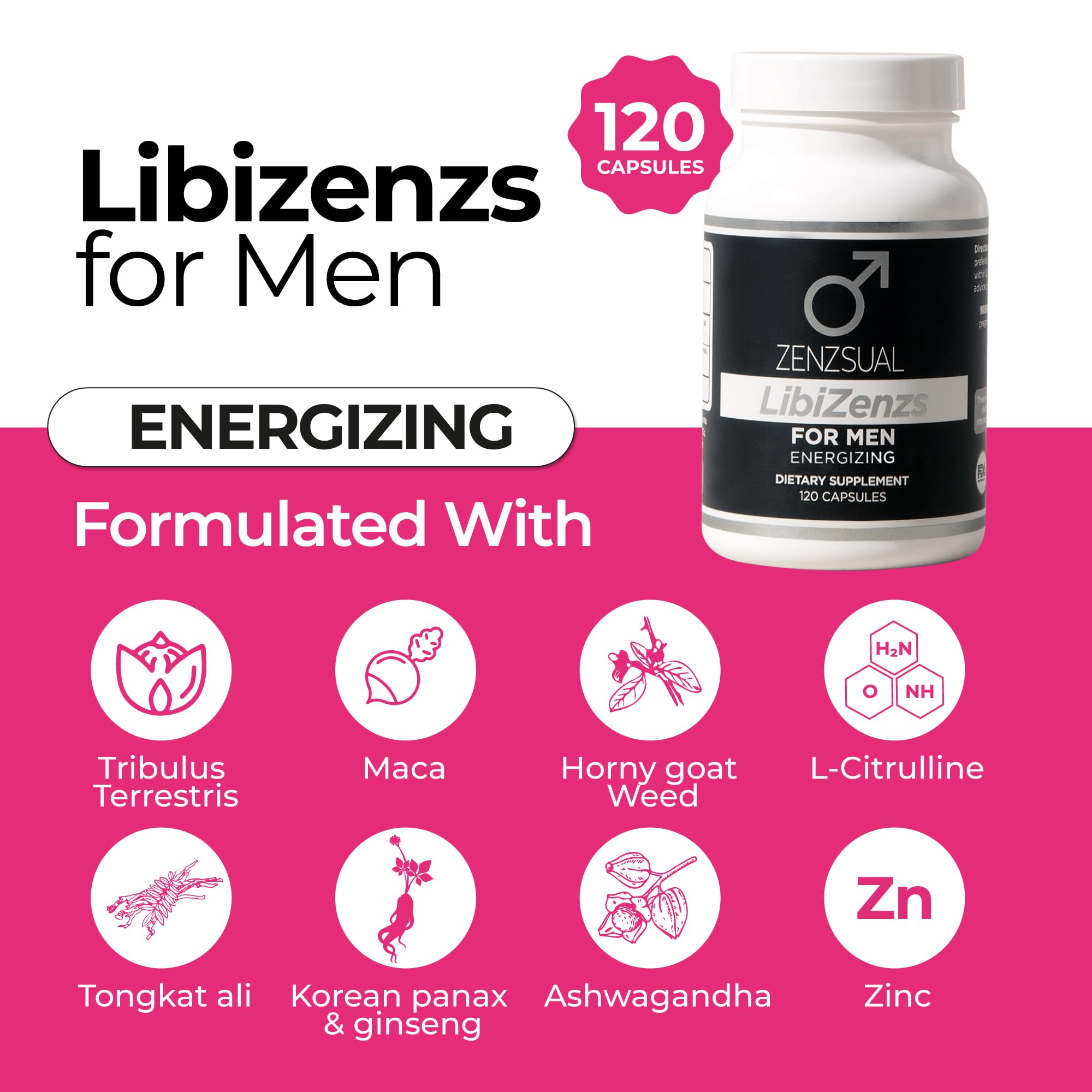 ZENZSUAL LibiZenzs Men label close-up highlights ginseng and maca ingredients.
