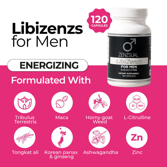 ZENZSUAL LibiZenzs Men label close-up highlights ginseng and maca ingredients.