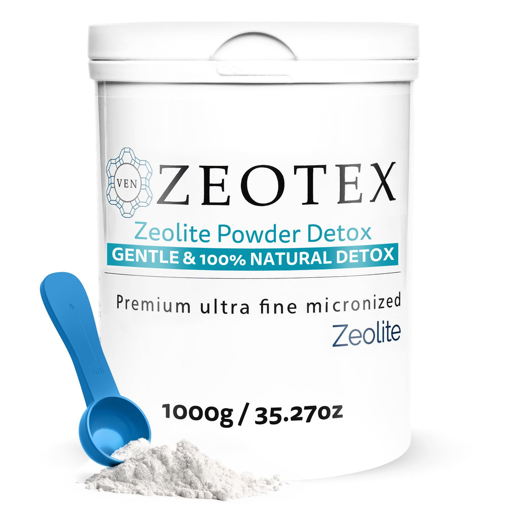 Zeotex 1000g zeolite detox powder bottle promotes gentle daily detox and gut balance.